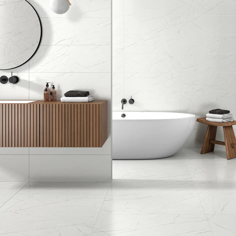 Muse White Natural 60 x 60cm porcelain marble effect tile room setting