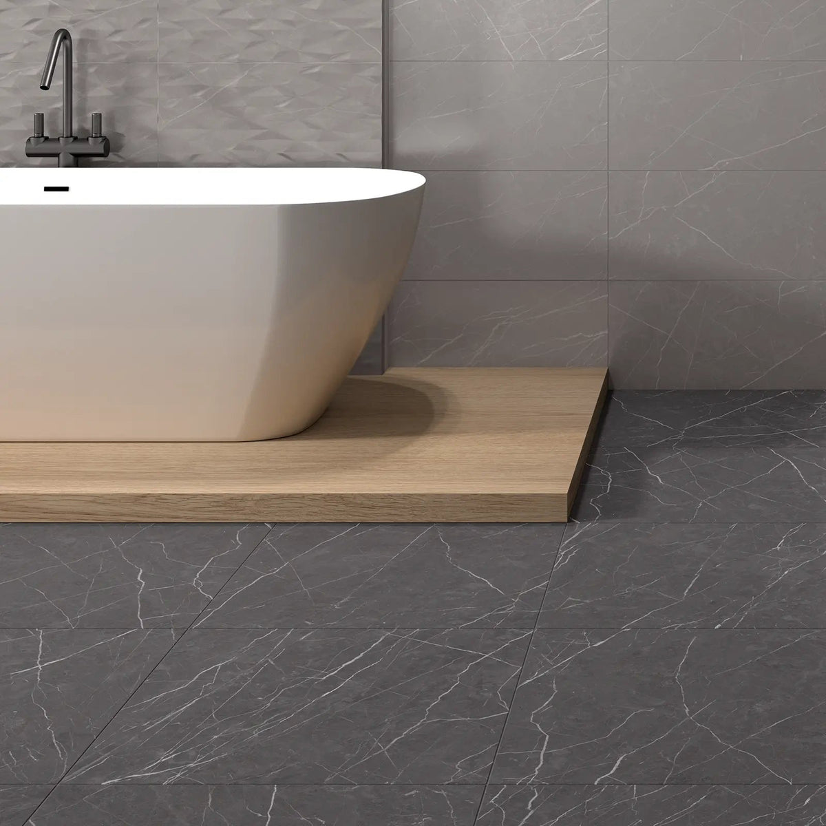 Muse Coal Natural 60 x 60cm porcelain marble effect tile room setting