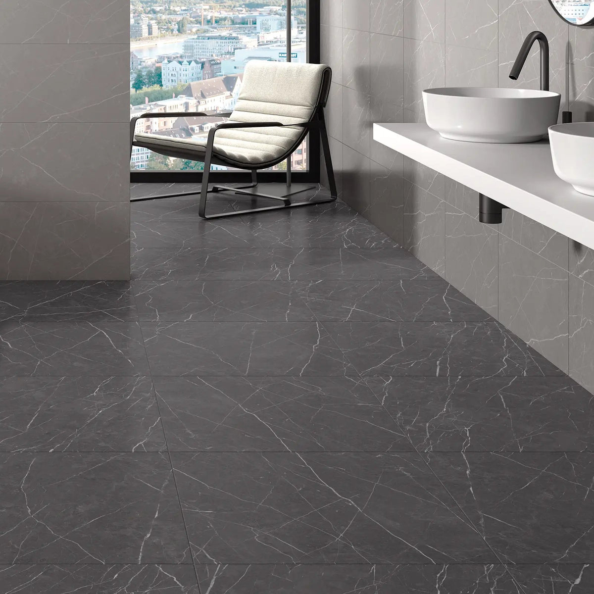 Muse Coal Natural 60 x 60cm porcelain marble effect tile room setting