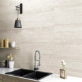 Pure Travertine Groove Grey Matt 30 x 60cm glazed ceramic stone effect tile room setting