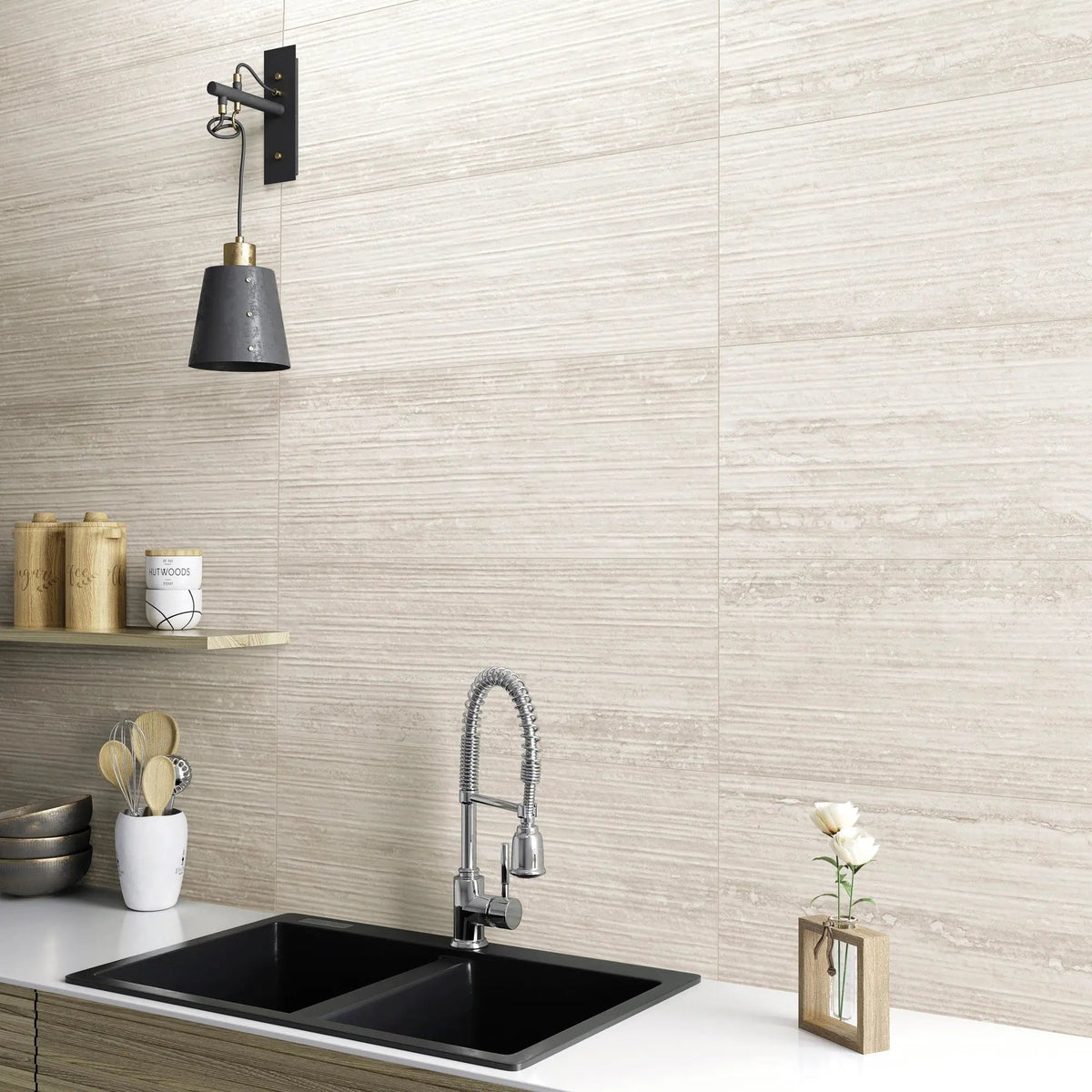 Pure Travertine Groove Grey Matt 30 x 60cm glazed ceramic stone effect tile room setting