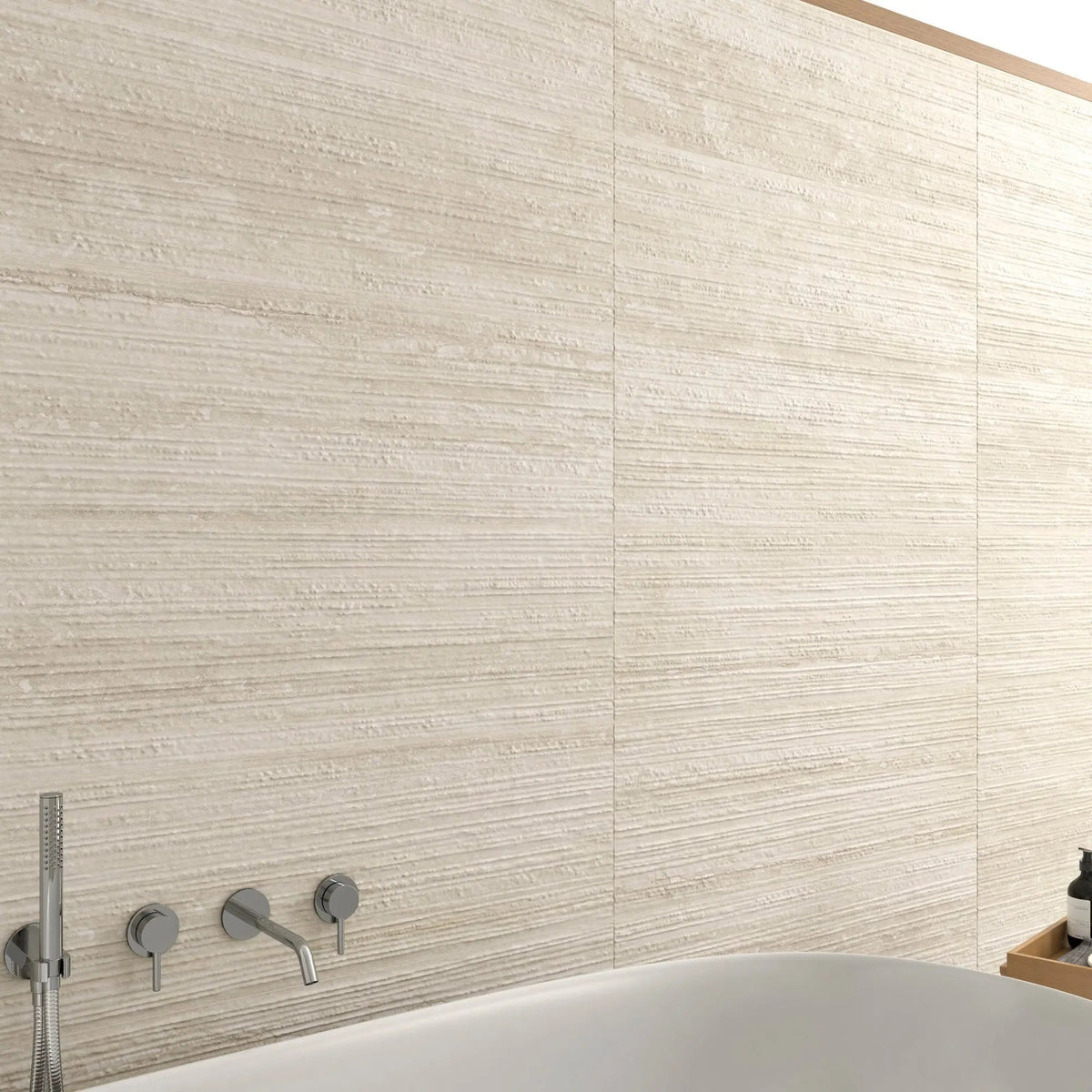 Pure Travertine Groove Ivory Matt 30 x 60cm glazed ceramic stone effect tile room setting