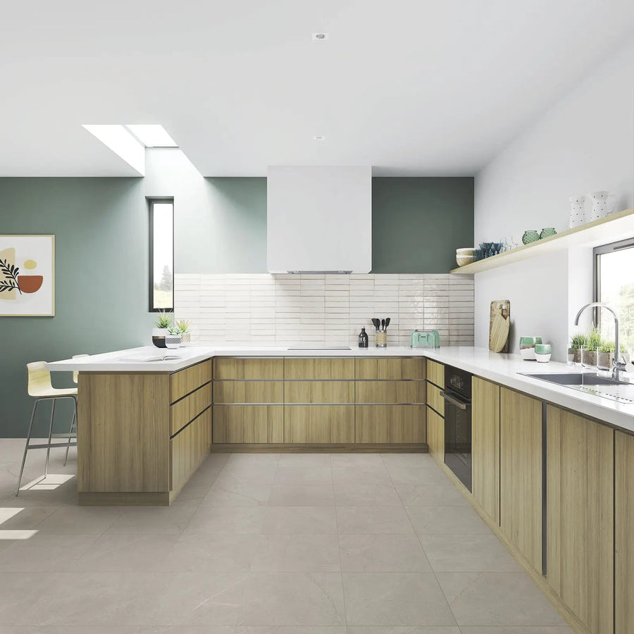 Lisbon Warm White Shine ceramic wall tiles in a bathroom interior