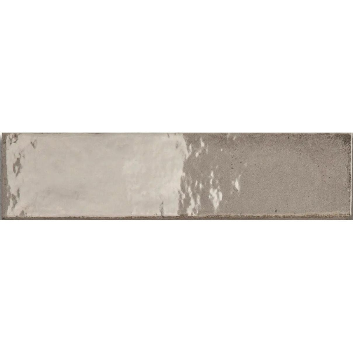 Lisbon Oyster Shine cream and grey gloss ceramic zellige-style brick wall tile 5.6 x 26.7cm