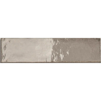 Lisbon Oyster Shine cream and grey gloss ceramic zellige-style brick wall tile 5.6 x 26.7cm