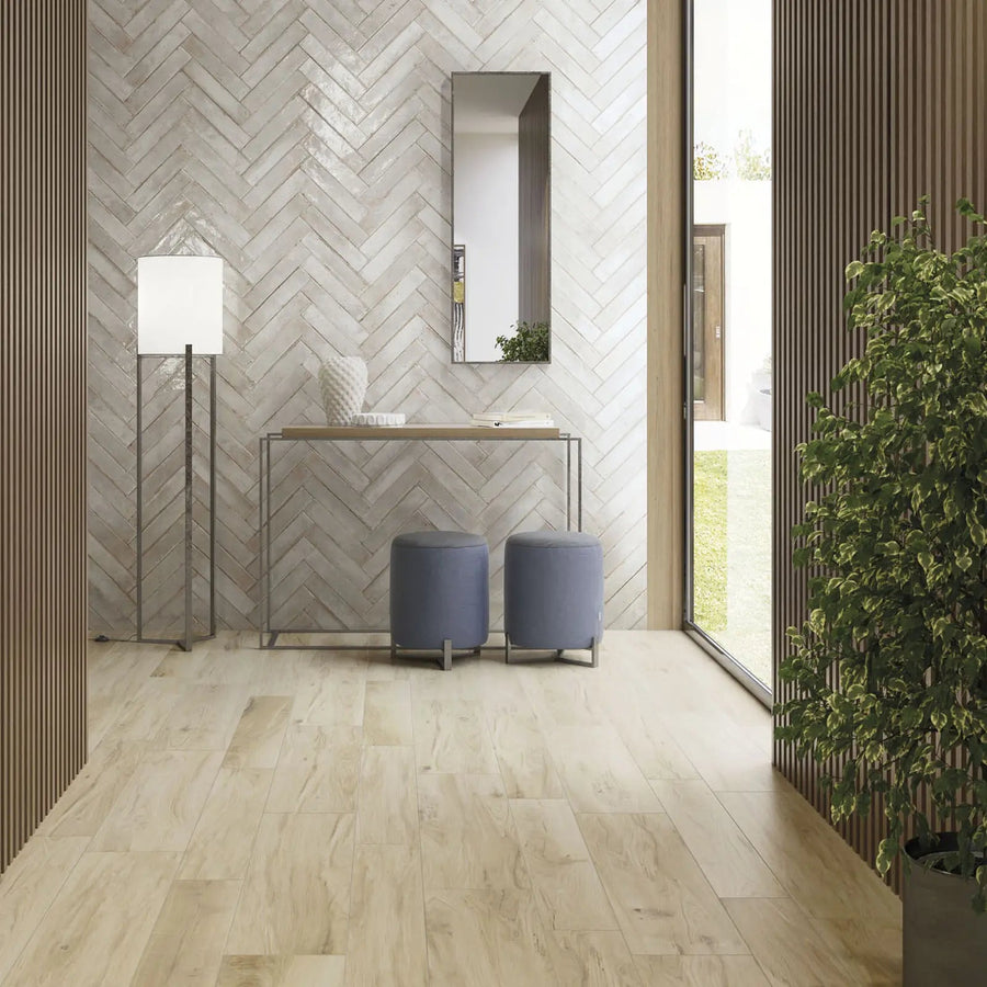 Lisbon Oyster Shine ceramic wall tile interior setting