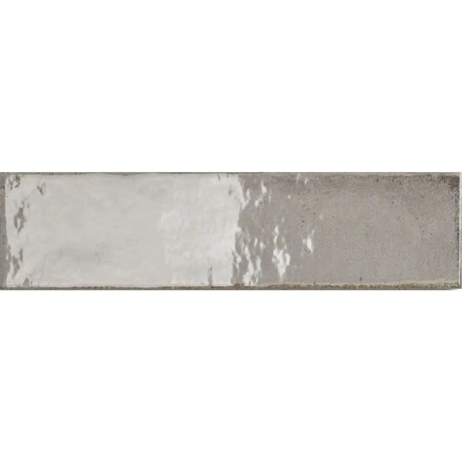 Lisbon Grey Shine gloss ceramic zellige-style brick wall tile 5.6 x 26.7cm