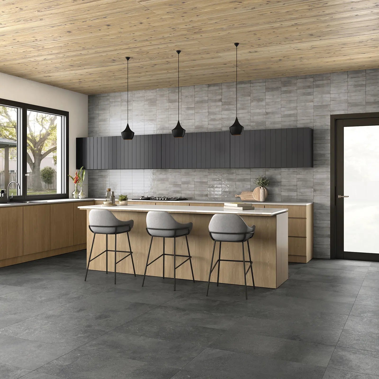 Lisbon Grey Shine ceramic wall tile kitchen splashback room setting