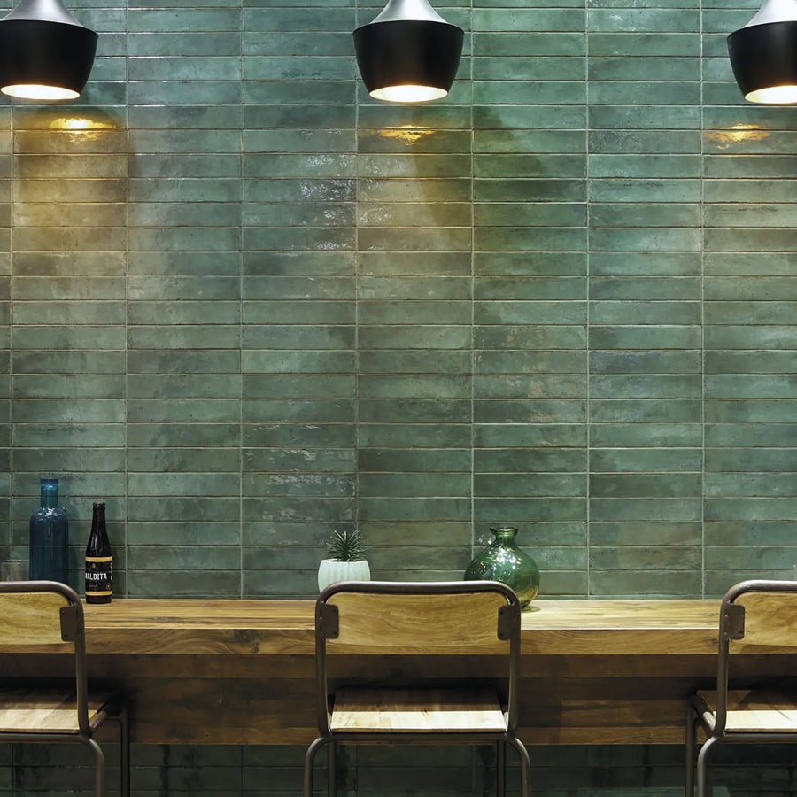 Lisbon Green Jade Shine ceramic wall tile kitchen splashback room setting