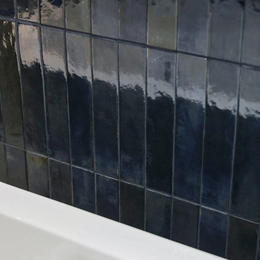Lisbon Blue Cobalt Shine cobalt blue zellige-style brick tiles in an interior scheme
