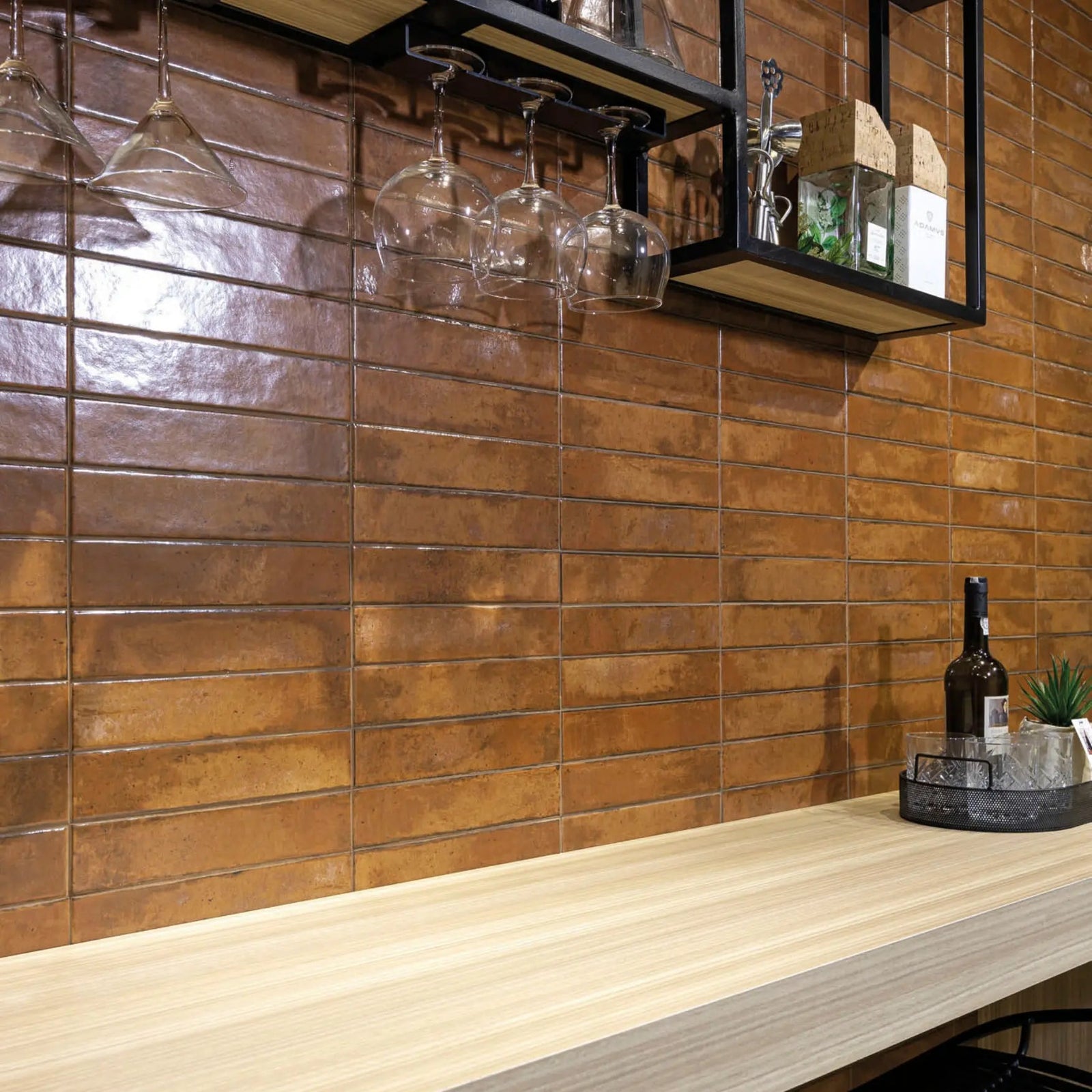 Lisbon Terracotta Shine 5.6 x 26.7cm Terracotta-Effect Ceramic Wall Tile in a bathroom setting