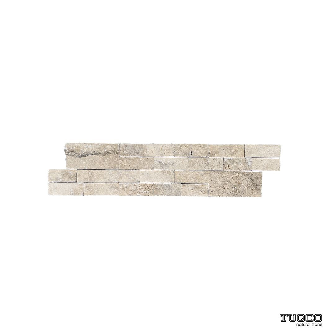Classic travertine split face ledger panel in cream and beige with stacked stone relief courses