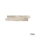 Classic travertine split face ledger panel in cream and beige with stacked stone relief courses