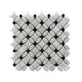 Full mesh-backed sheet of polished Carrara White marble flower mosaic with Nero Marquina black dot centres