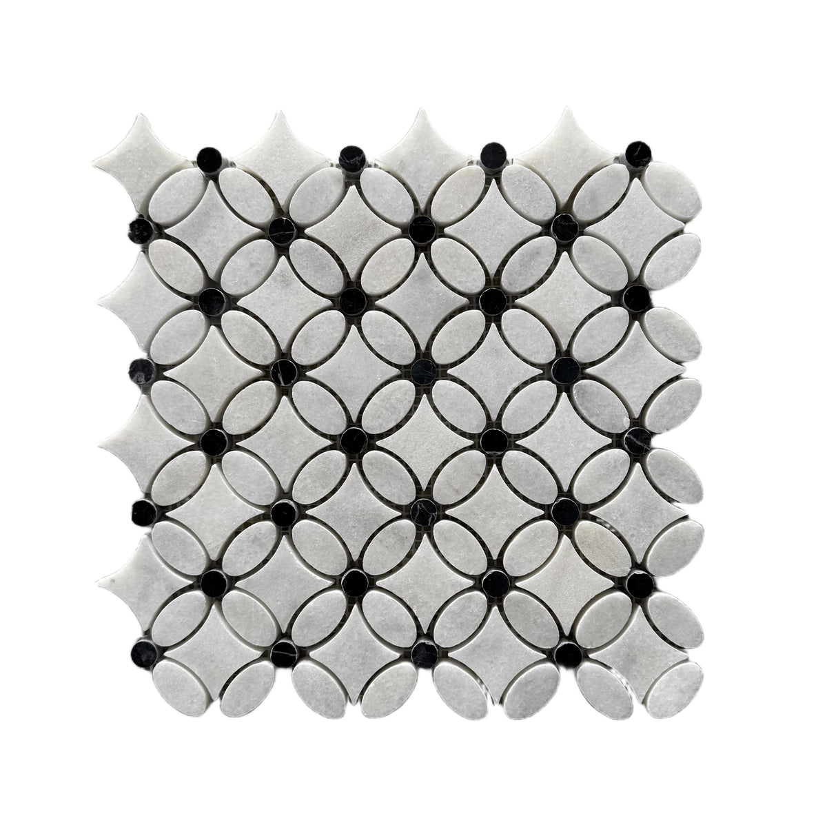 Full mesh-backed sheet of polished Carrara White marble flower mosaic with Nero Marquina black dot centres