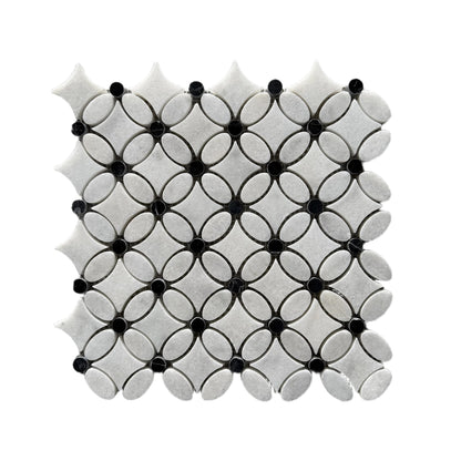 Full mesh-backed sheet of polished Carrara White marble flower mosaic with Nero Marquina black dot centres
