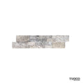 Silver travertine split face ledger panel in cool pewter grey with charcoal seams and stacked relief