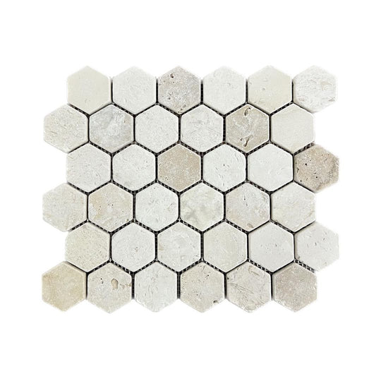 Shellstone Brushed Limestone - Rustic Tumbled Travertine Hexagon Mosaic Wall & Floor Tile