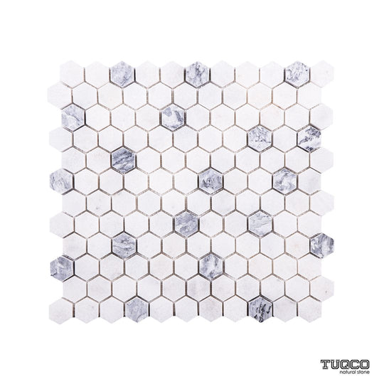 Carrara White - Platinum Grey Honed Marble 23mm Hexagon Mosaic Wall & Floor Tile