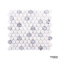 Full sheet of Carrara White and Platinum Grey honed marble hexagon mosaic showing the mix of white and grey stone