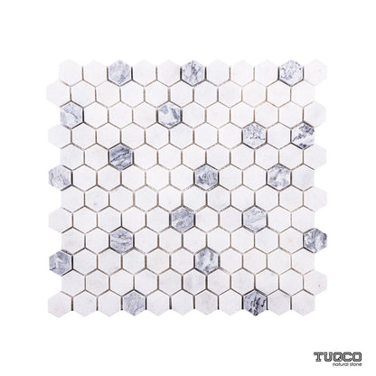 Carrara White - Platinum Grey Honed Marble 23mm Hexagon Mosaic Wall & Floor Tile - thumbnail 1