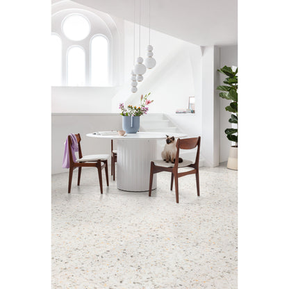White cylindrical table brigg blue on cotton with smooth modern design and subtle vertical grooves