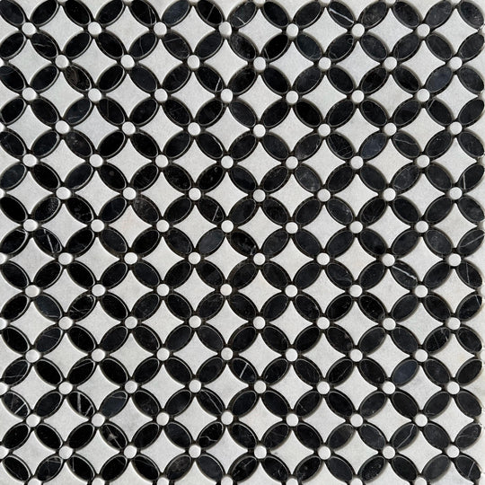 Carrara White - Nero Marquina Polished Marble Flower Mosaic Wall & Floor Tile - alternate view