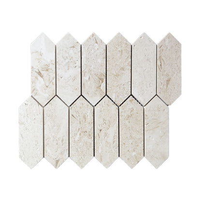 Cream limestone picket mosaic laid on a bathroom wall with matching pale grout