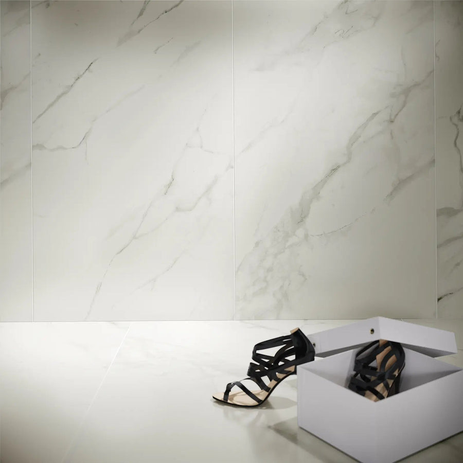 Calacatta Marble White Matt 59.8 x 119.8cm glazed porcelain marble effect tile room setting