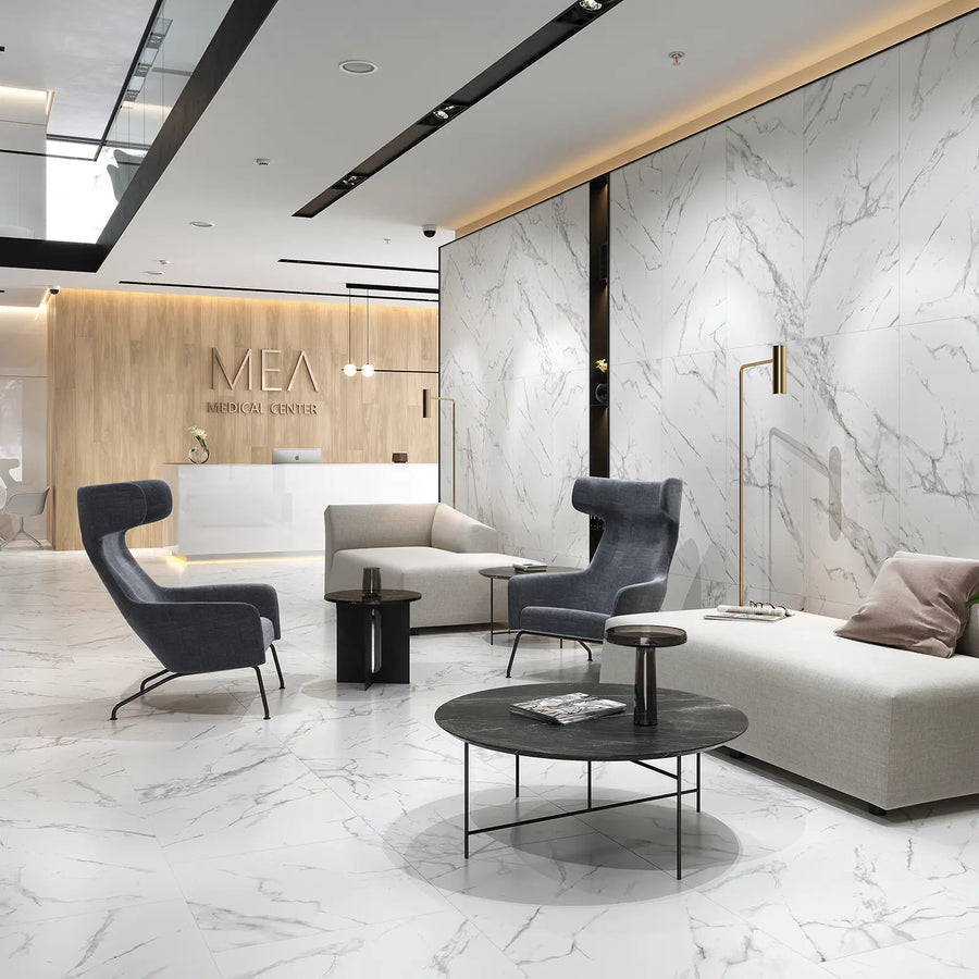 Calacatta Marble White Matt 59.8 x 119.8cm glazed porcelain marble effect tile room setting