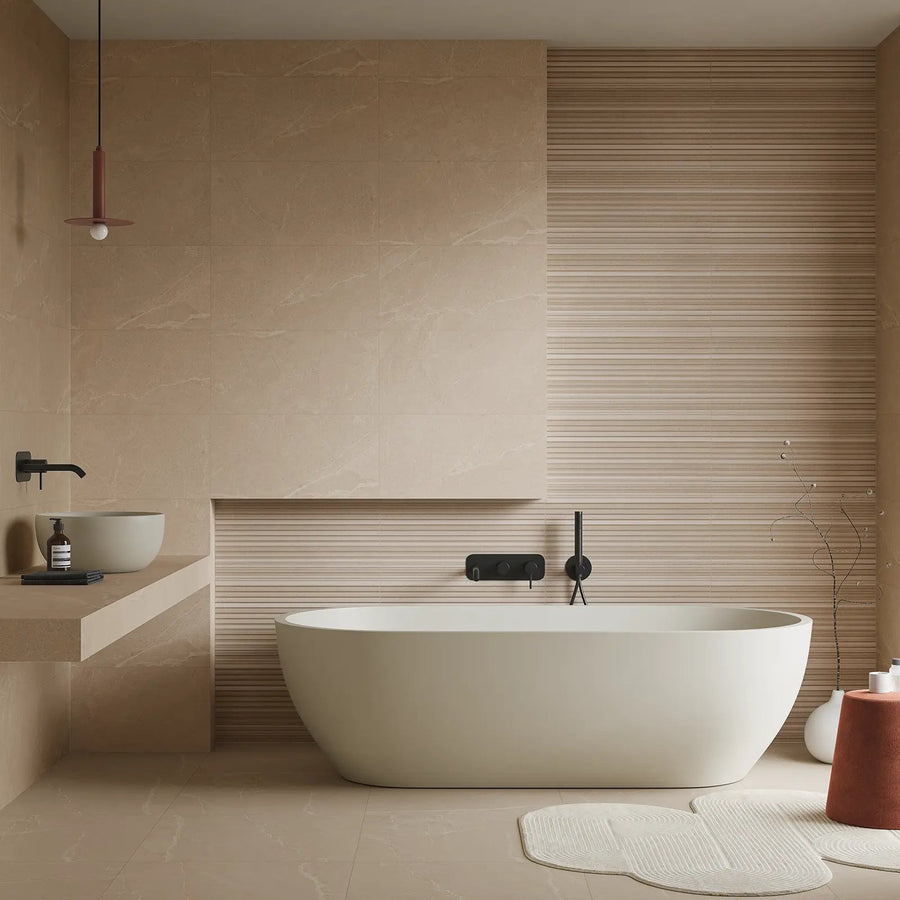 Athens Beige Struktura Décor 29.8 x 59.8cm glazed ceramic feature wall room setting