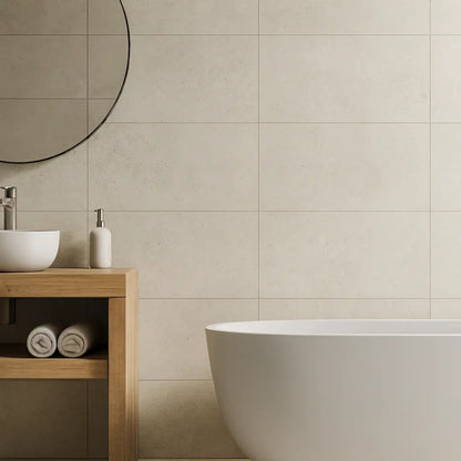 Moonstone White Mat 29.8 x 59.8cm ceramic matt stone effect tile room setting