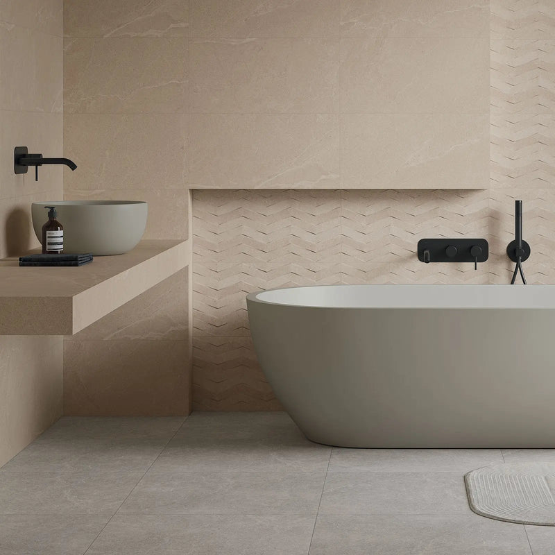 Moonstone Grey Mat 59.8 x 59.8cm porcelain matt stone effect tile room setting