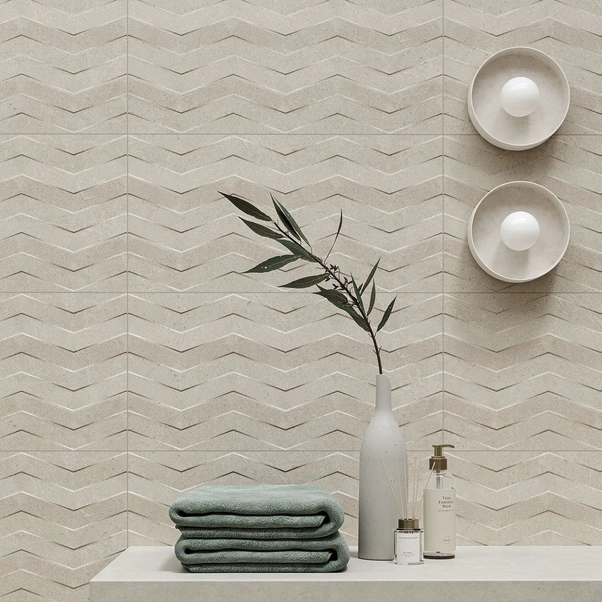 Moonstone Crema Struktura Decor 29.8 x 59.8cm ceramic textured tile room setting