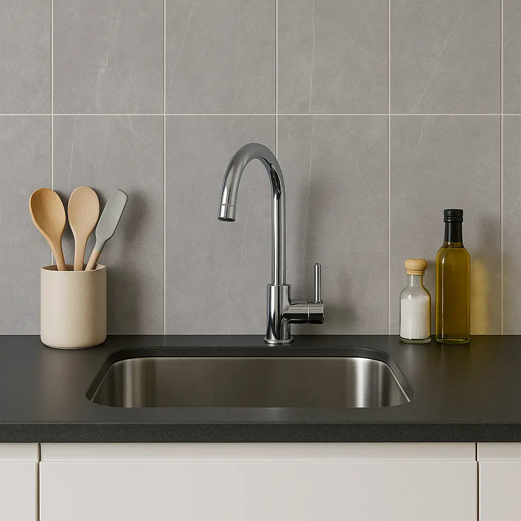 Creekstone Grey 29.7 x 59.7cm Porcelain Tile in a bathroom setting