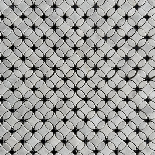 Carrara White - Nero Marquina Black Dot Polished Marble Flower Mosaic Wall & Floor Tile
