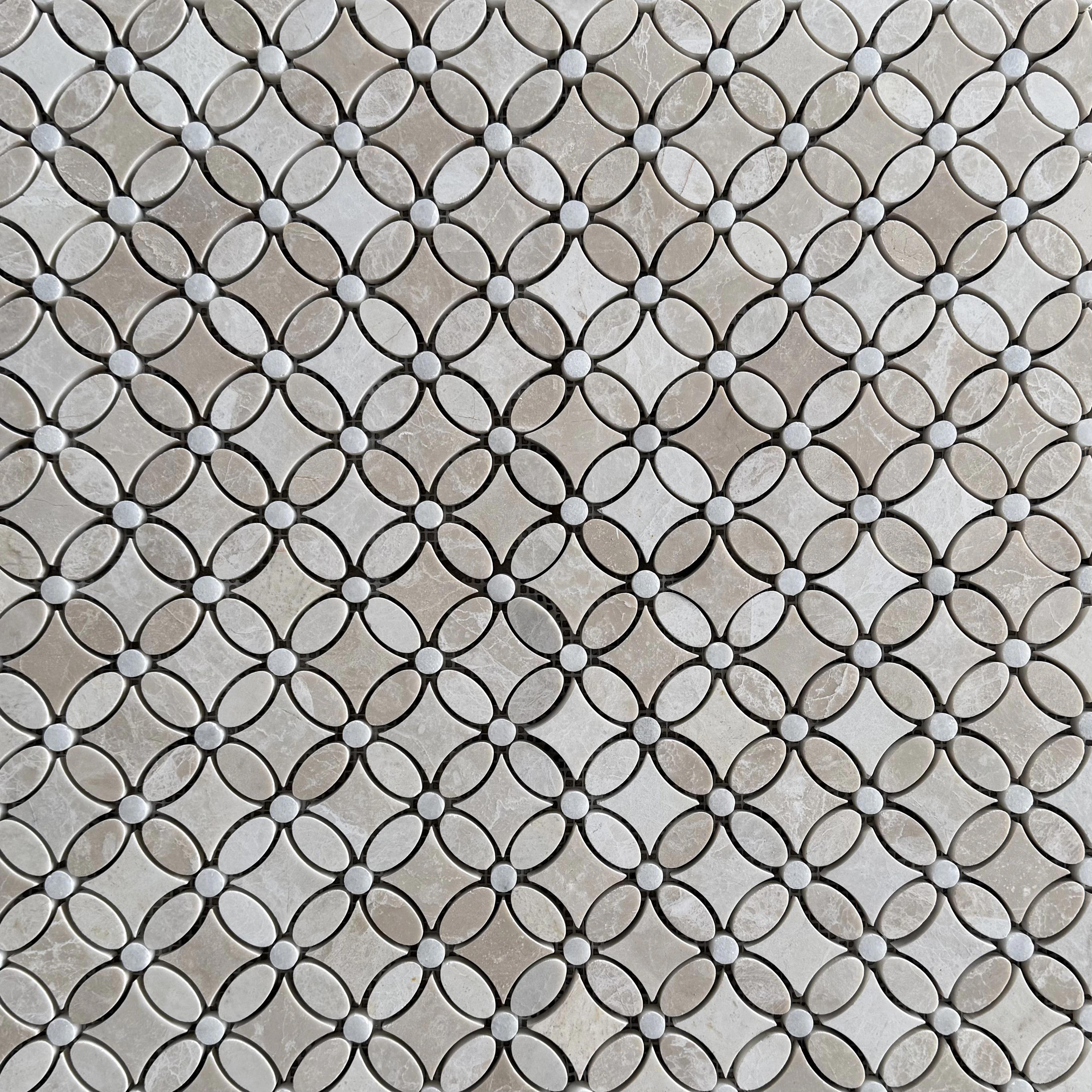 Belgravia Beige polished marble flower mosaic sheet showing the repeating petal motif