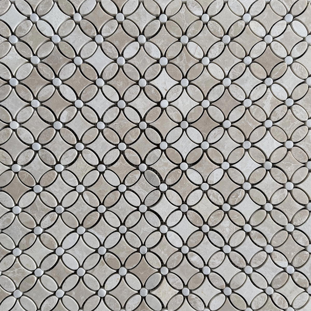 Belgravia Beige polished marble flower mosaic sheet showing the repeating petal motif