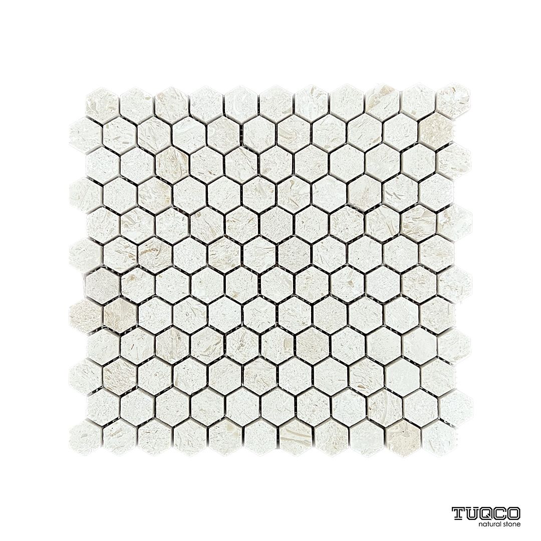 Full sheet of Shellstone brushed limestone 23mm hexagon mosaic laid flat