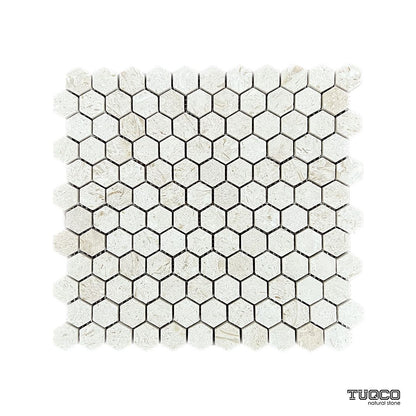 Full sheet of Shellstone brushed limestone 23mm hexagon mosaic laid flat