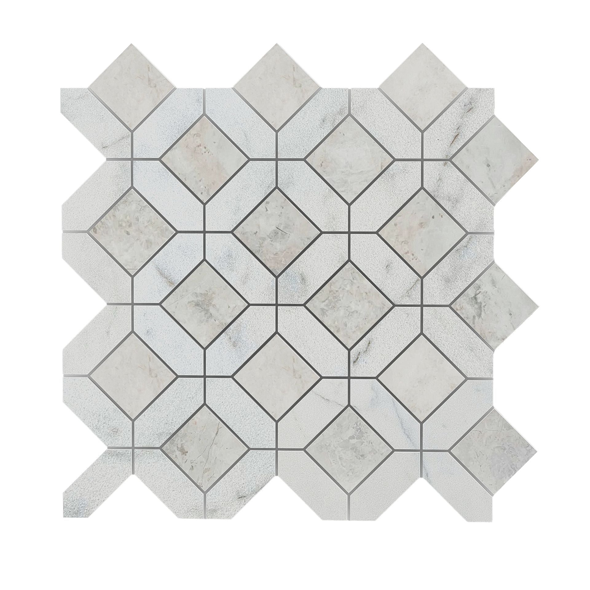 Full mesh-backed sheet of honed Carrara White and Nimbus marble window mosaic