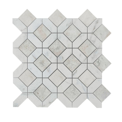 Full mesh-backed sheet of honed Carrara White and Nimbus marble window mosaic