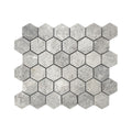 Full mesh-backed sheet of polished Silver Shadow grey marble two-inch hexagon mosaic