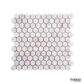 Calacatta Sugar tumbled marble hexagon mosaic sheet in bright white with honeyed gold veining