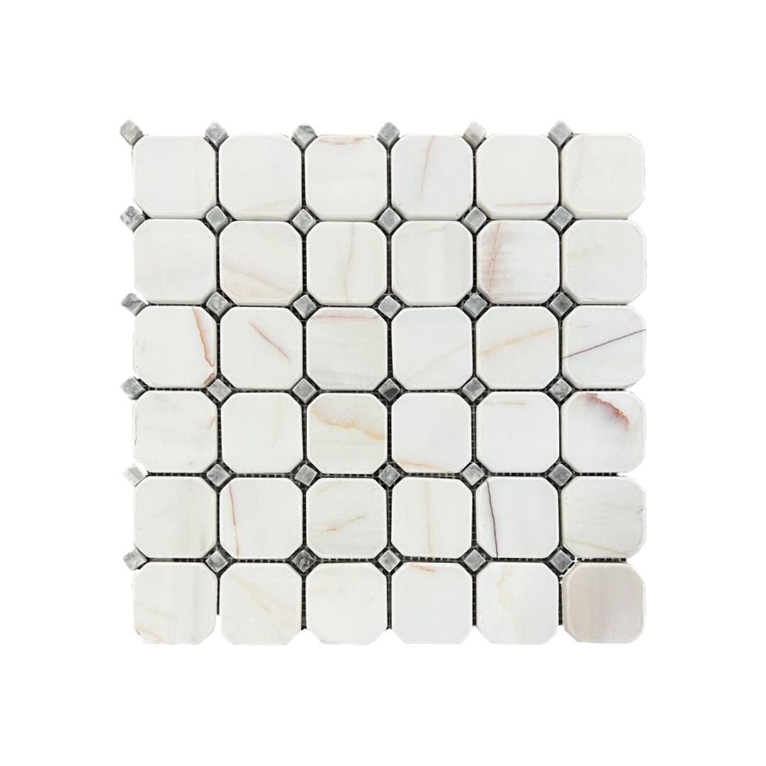Full mesh-backed sheet of tumbled Dolomite Spider white marble octagon mosaic