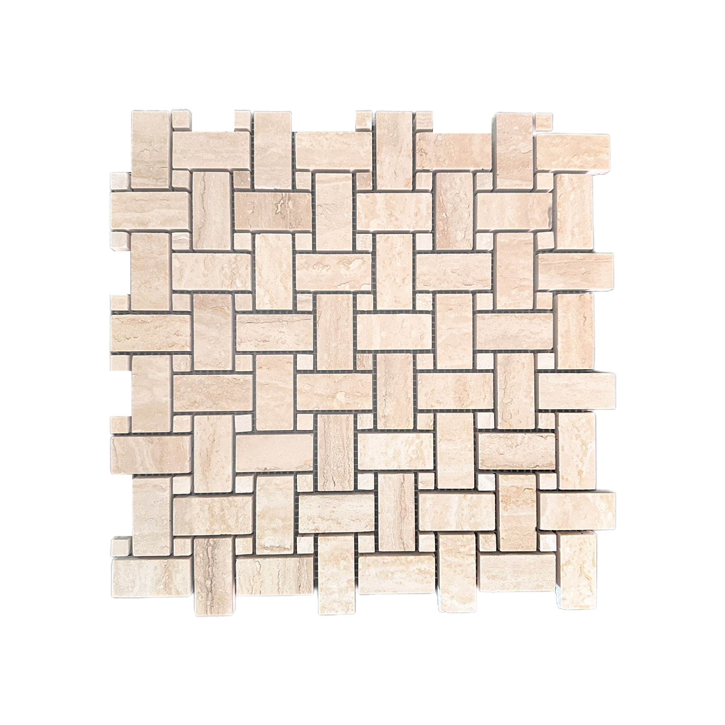 Classic polished travertine basket weave mosaic sheet in warm beige and cream