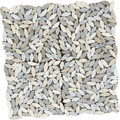 Mixed Leaves tumbled marble mosaic sheet with interlocking leaf pieces in white, cream and grey