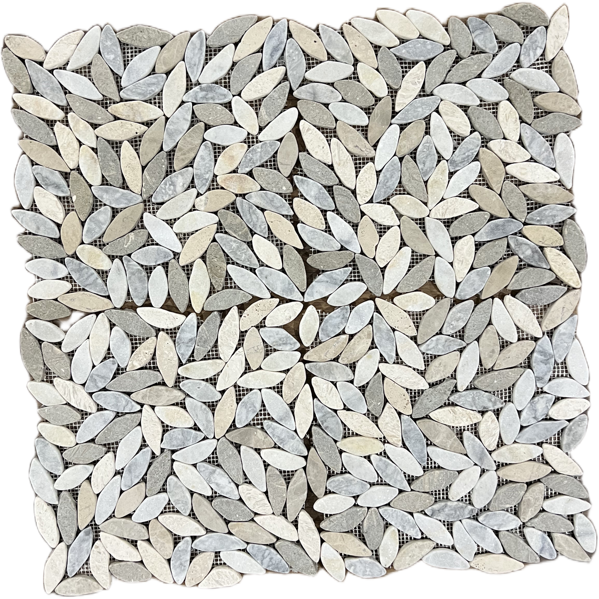Mixed Leaves tumbled marble mosaic sheet with interlocking leaf pieces in white, cream and grey
