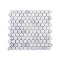Carrara white tumbled marble hexagon mosaic sheet with soft grey veining on a cool white ground