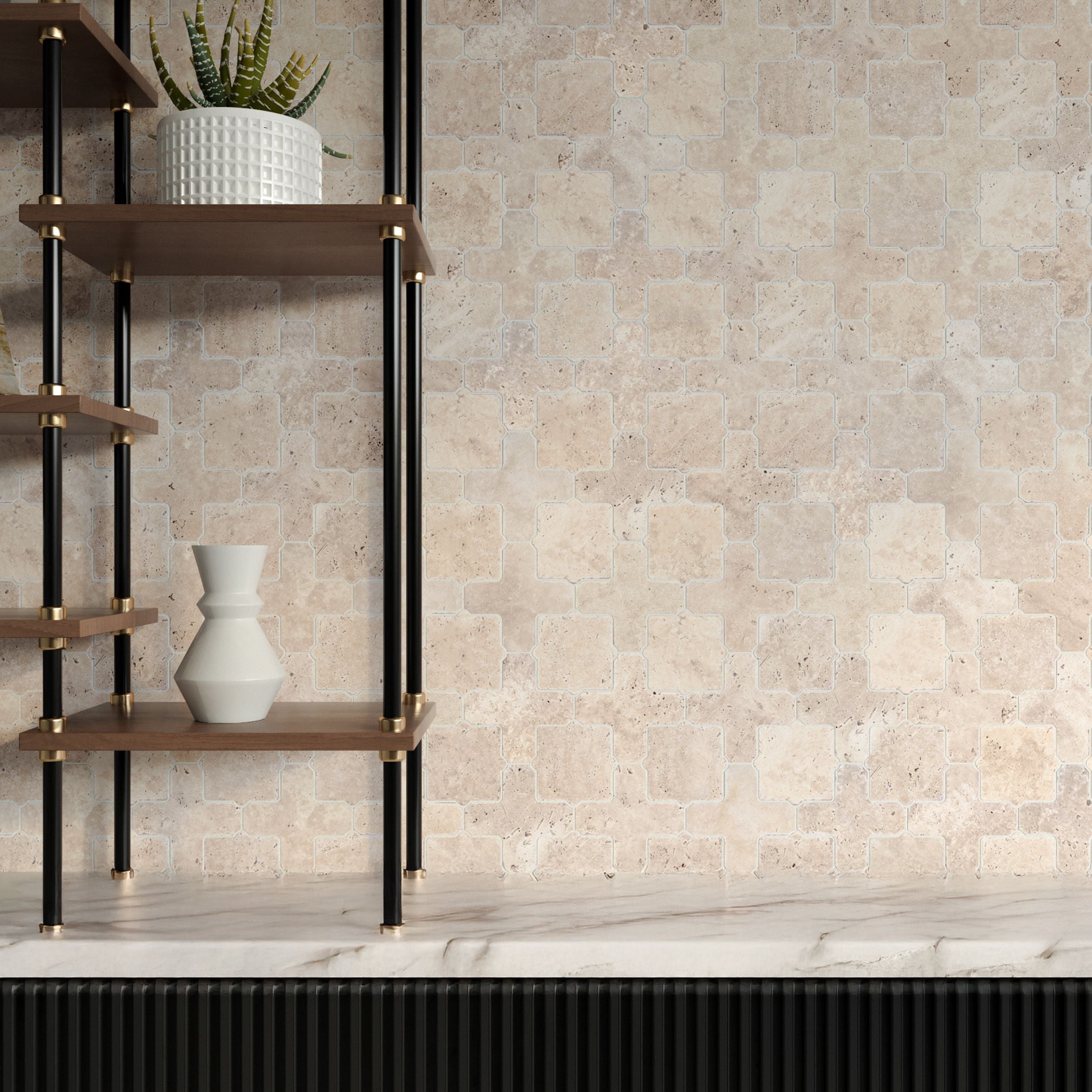 Angled view showing the natural banding and open pores across tumbled travertine Casablanca pieces